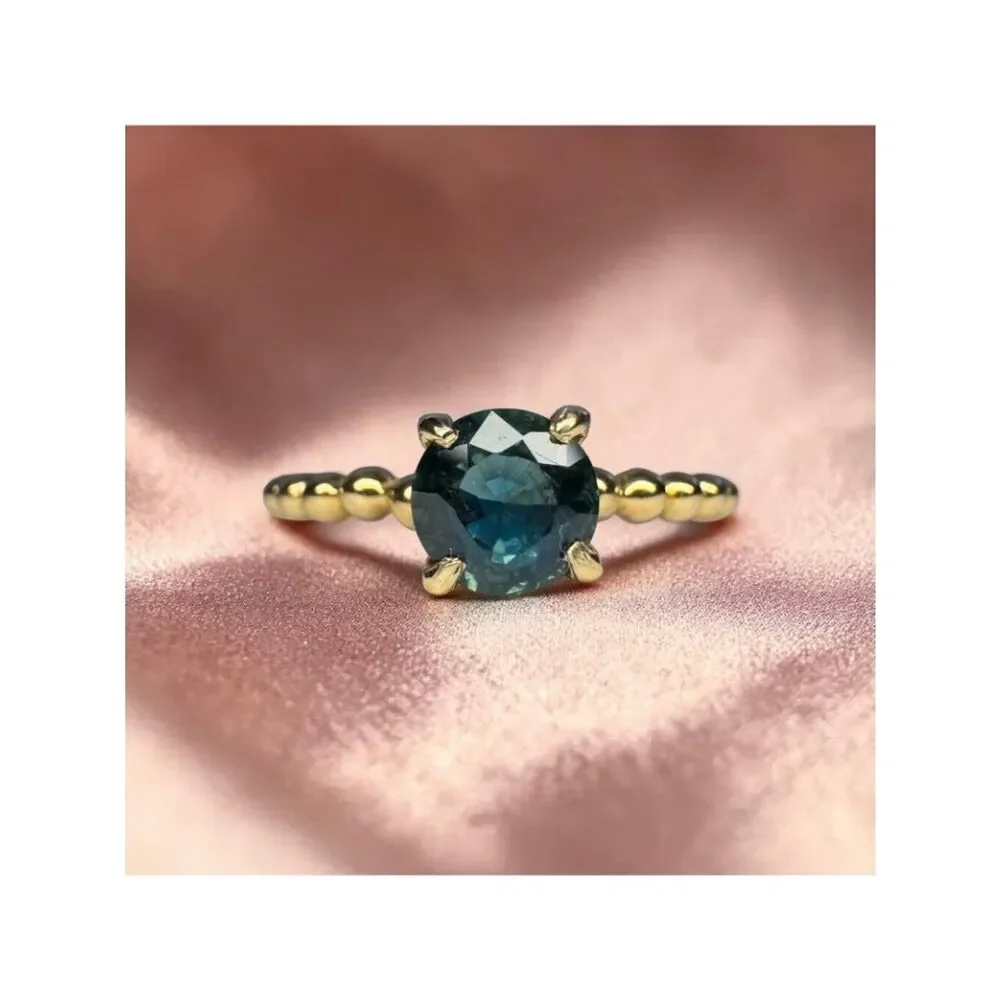 14K Gold Natural Teal Sapphire Ring Beaded Band Size 6 2/3ct Unheated Sapphire